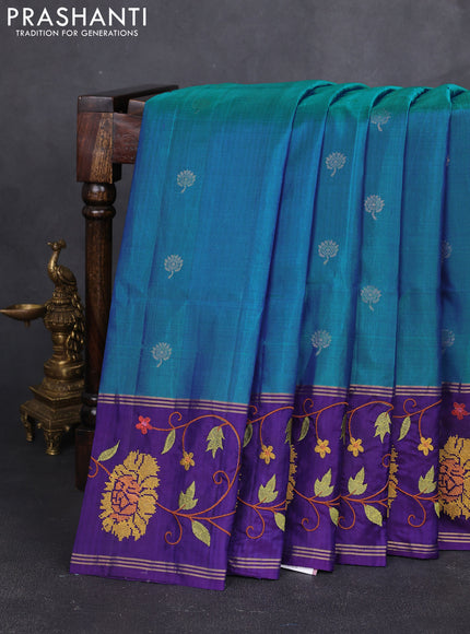 Pure soft silk saree dual shade of cs blue and violet with zari woven buttas and zari woven embroidery border