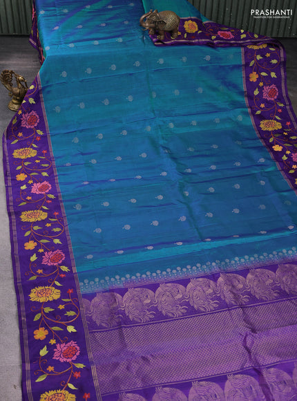 Pure soft silk saree dual shade of cs blue and violet with zari woven buttas and zari woven embroidery border