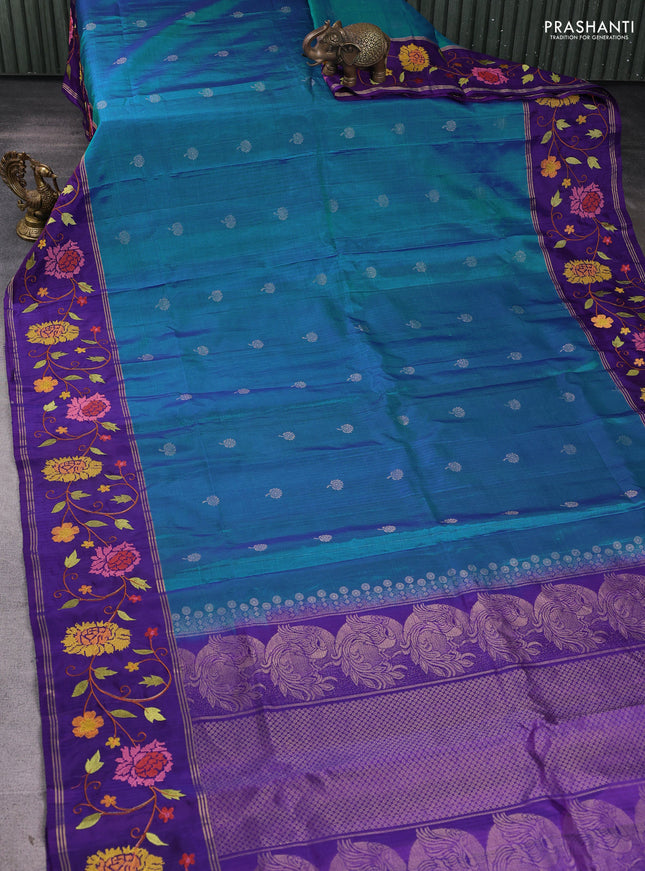 Pure soft silk saree dual shade of cs blue and violet with zari woven buttas and zari woven embroidery border