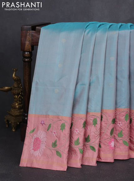 Pure soft silk saree dual shade of teal blue and peach shade with zari woven buttas and zari woven embroidery border