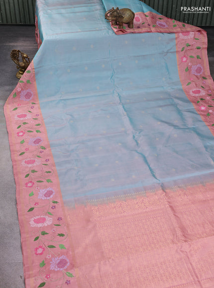 Pure soft silk saree dual shade of teal blue and peach shade with zari woven buttas and zari woven embroidery border