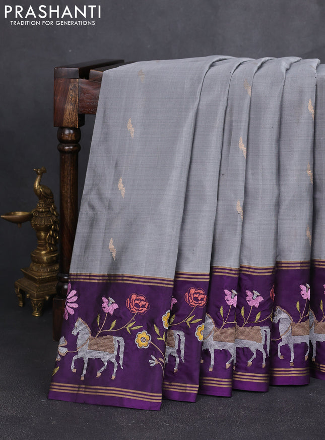 Pure soft silk saree grey and purple with zari woven buttas and zari woven embroidery border