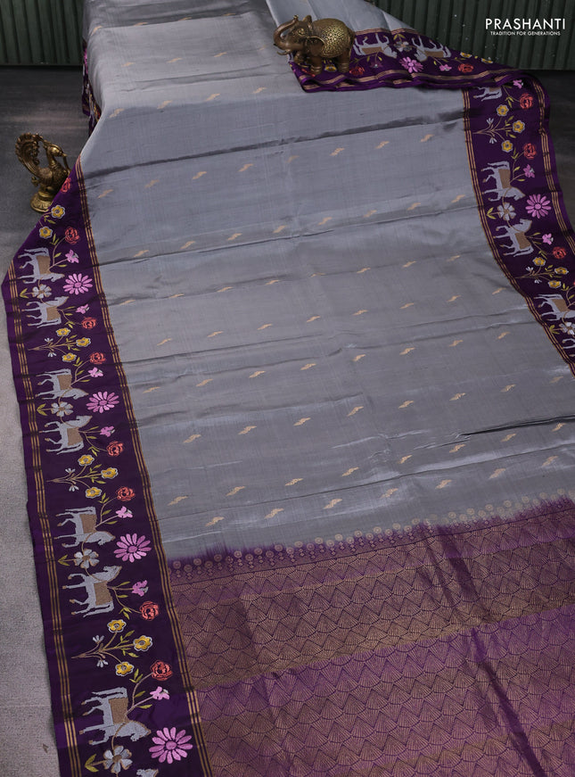 Pure soft silk saree grey and purple with zari woven buttas and zari woven embroidery border