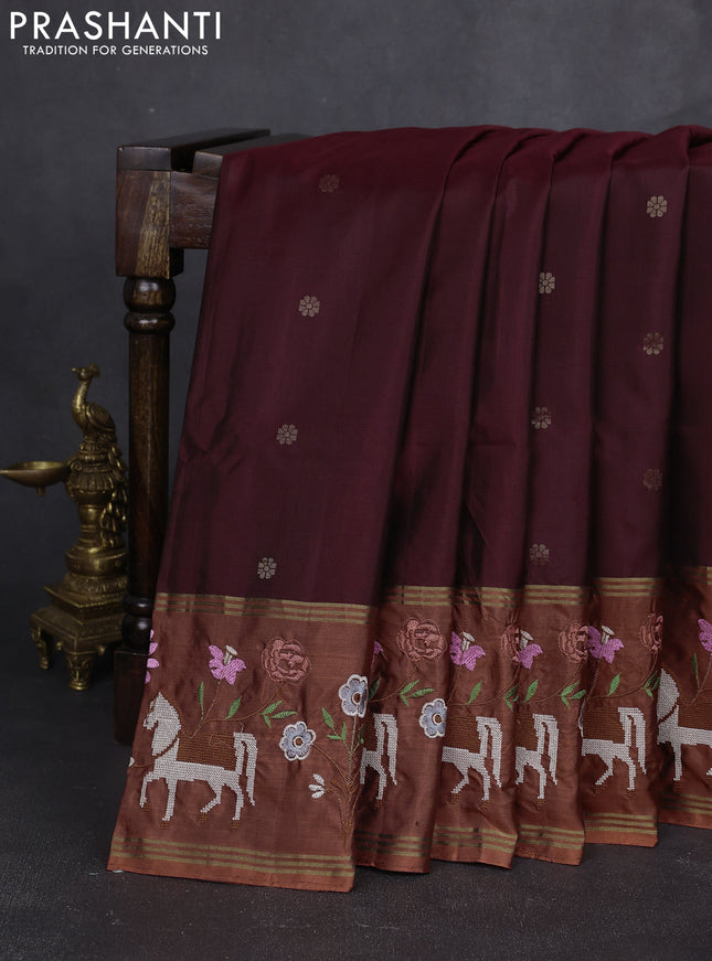 Pure soft silk saree maroon and rust shade with zari woven buttas and zari woven embroidery border