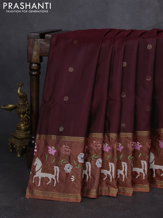 Pure soft silk saree maroon and rust shade with zari woven buttas and zari woven embroidery border