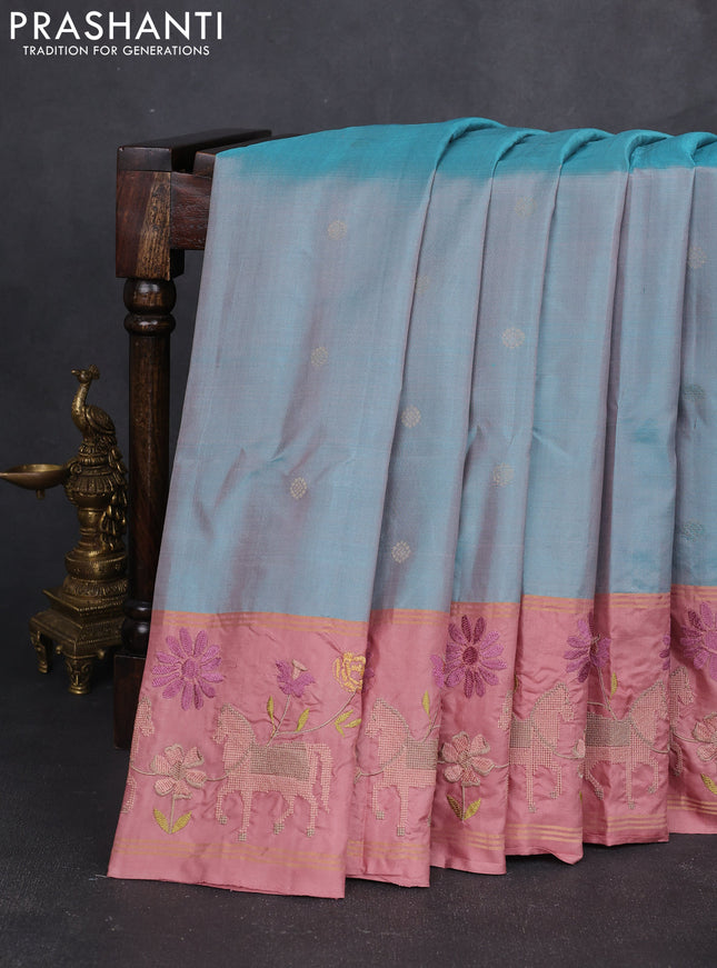 Pure soft silk saree dual shade of teal blue and peach shade with zari woven buttas and zari woven embroidery border