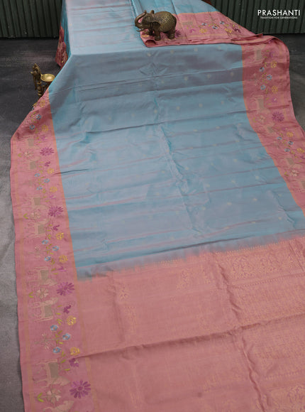 Pure soft silk saree dual shade of teal blue and peach shade with zari woven buttas and zari woven embroidery border
