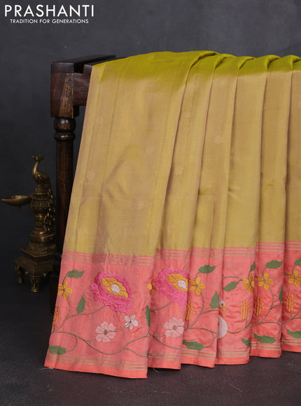 Pure soft silk saree yellow shade and peach orange with allover zari weaves and zari woven embroidery border