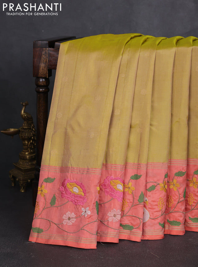 Pure soft silk saree yellow shade and peach orange with allover zari weaves and zari woven embroidery border