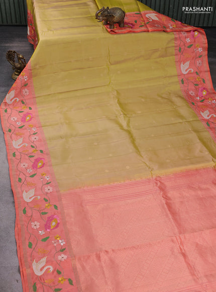 Pure soft silk saree yellow shade and peach orange with allover zari weaves and zari woven embroidery border