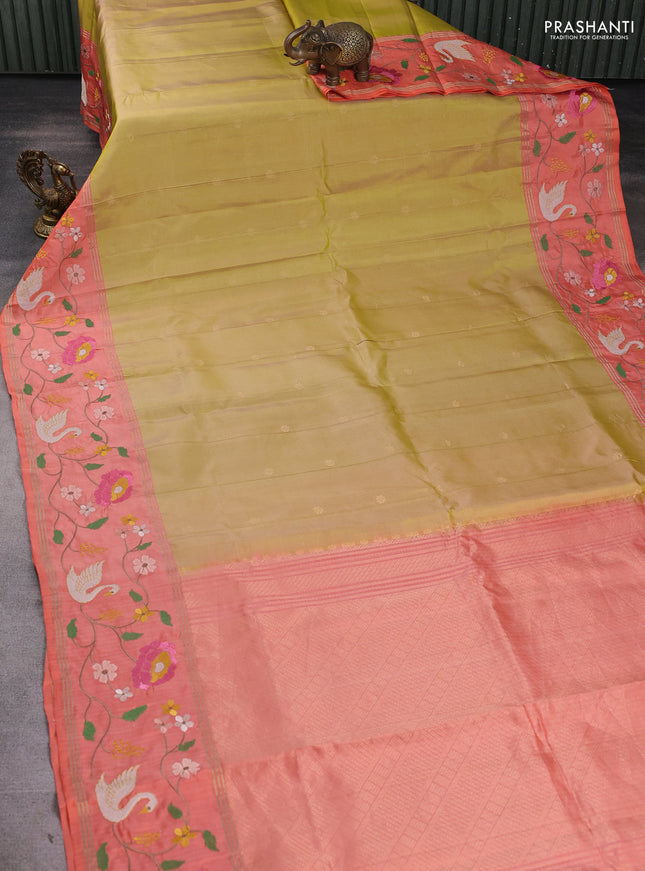 Pure soft silk saree yellow shade and peach orange with allover zari weaves and zari woven embroidery border