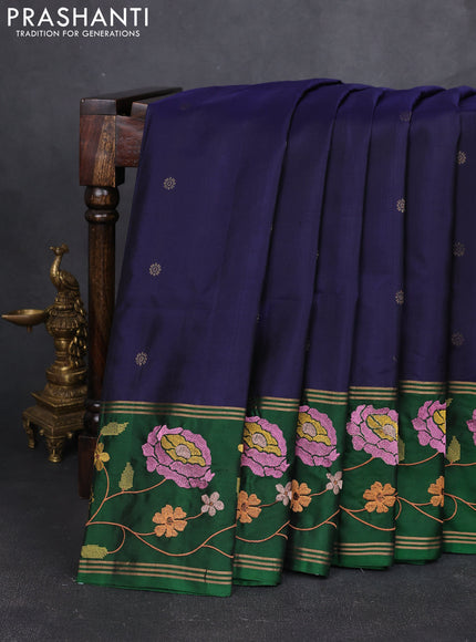 Pure soft silk saree navy blue and green with zari woven buttas and zari woven embroidery border