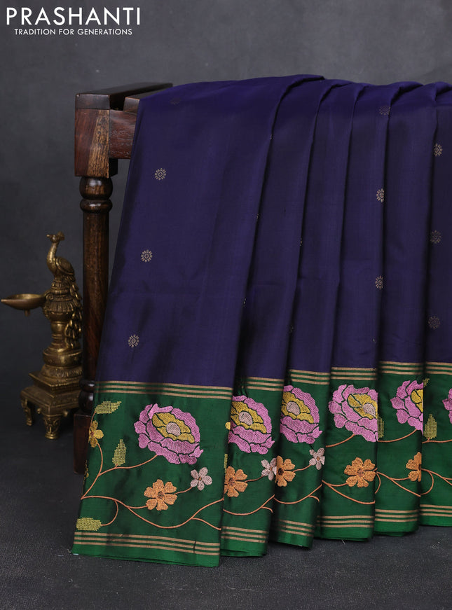 Pure soft silk saree navy blue and green with zari woven buttas and zari woven embroidery border
