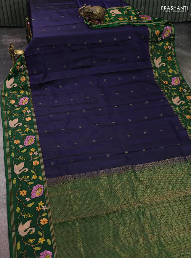 Pure soft silk saree navy blue and green with zari woven buttas and zari woven embroidery border
