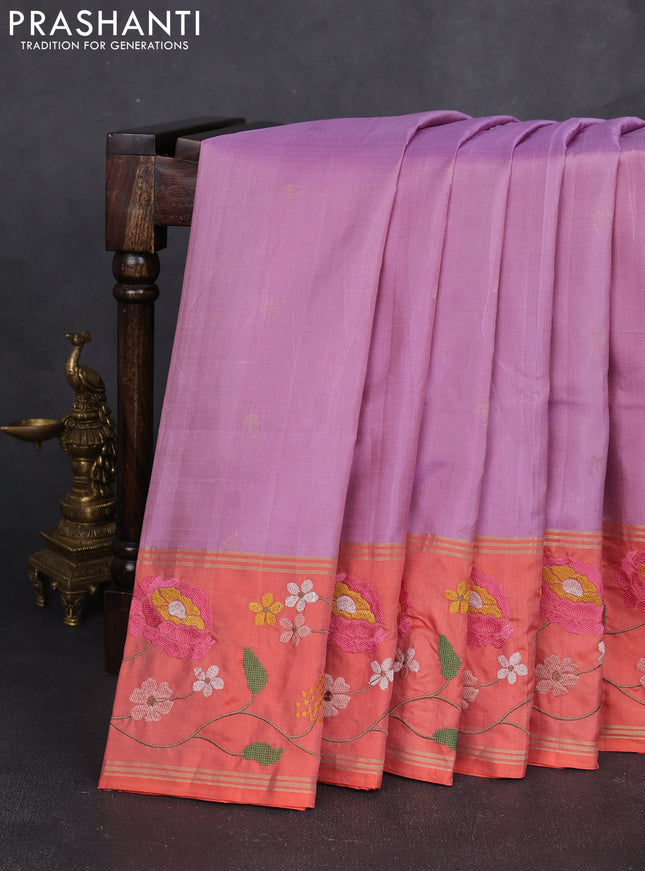 Pure soft silk saree lavender and orange with zari woven buttas and zari woven embroidery border