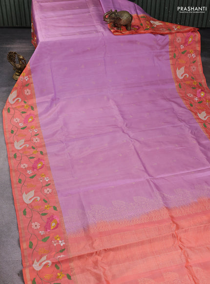 Pure soft silk saree lavender and orange with zari woven buttas and zari woven embroidery border