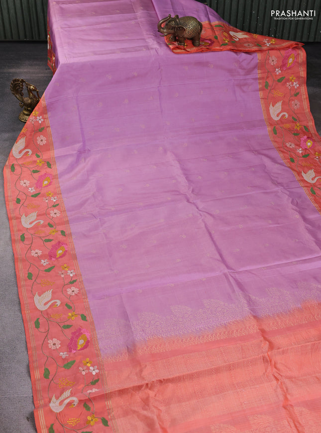 Pure soft silk saree lavender and orange with zari woven buttas and zari woven embroidery border