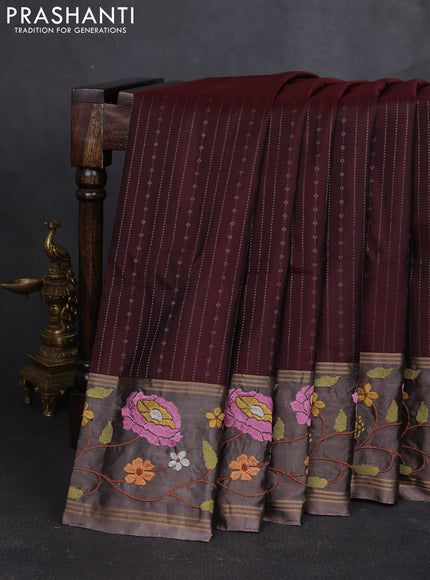 Pure soft silk saree deep maroon and grey shade with allover zari weaves and zari woven embroidery border