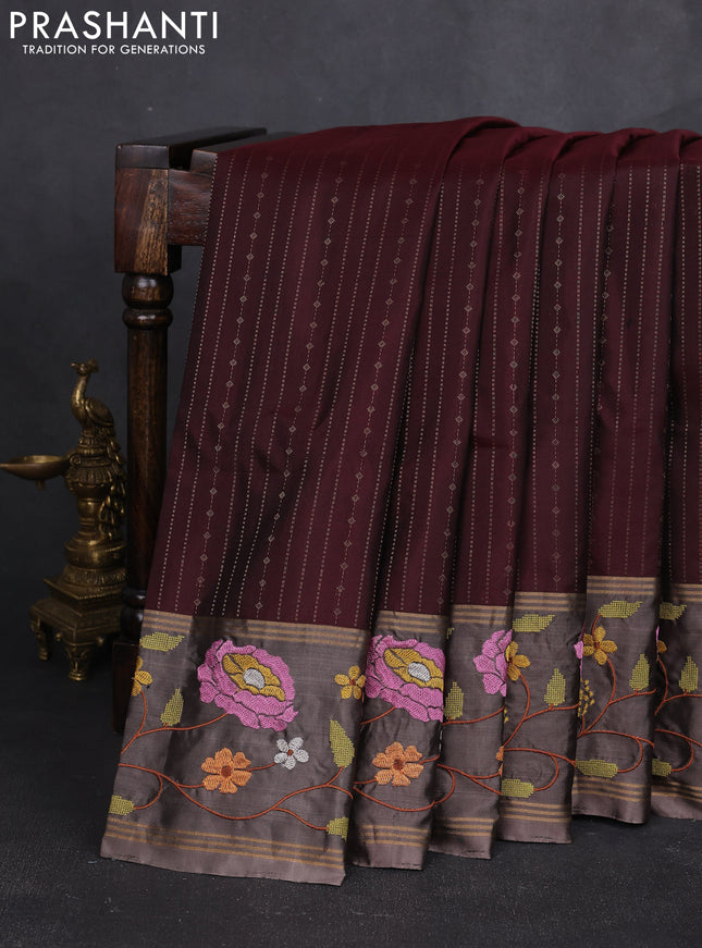 Pure soft silk saree deep maroon and grey shade with allover zari weaves and zari woven embroidery border