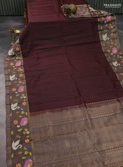 Pure soft silk saree deep maroon and grey shade with allover zari weaves and zari woven embroidery border