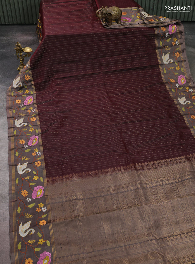 Pure soft silk saree deep maroon and grey shade with allover zari weaves and zari woven embroidery border