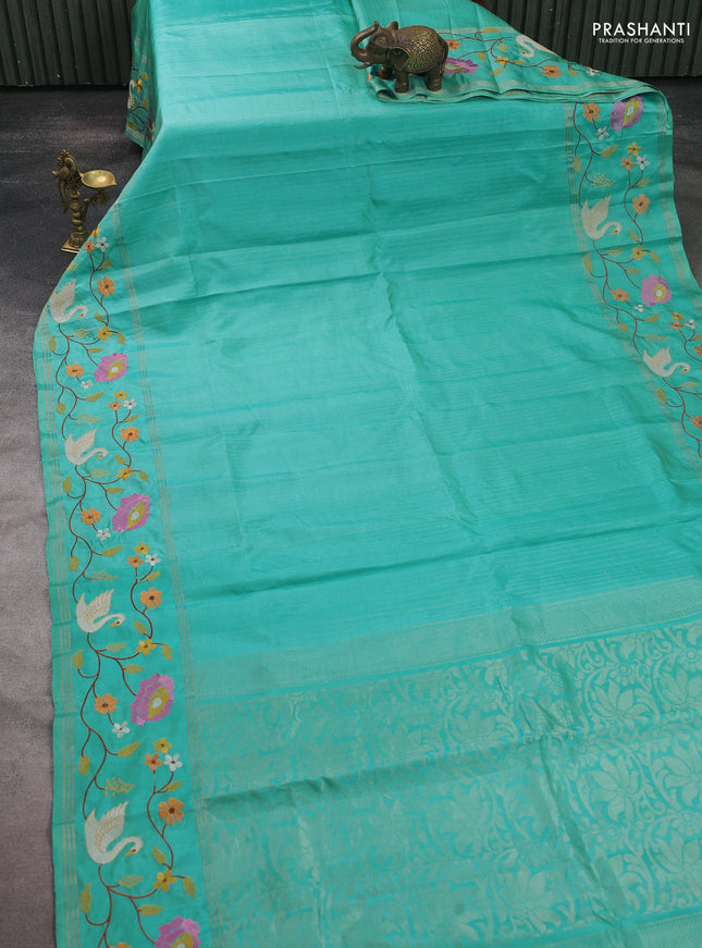 Pure soft silk saree teal blue with allover zari weaves and zari woven embroidery border