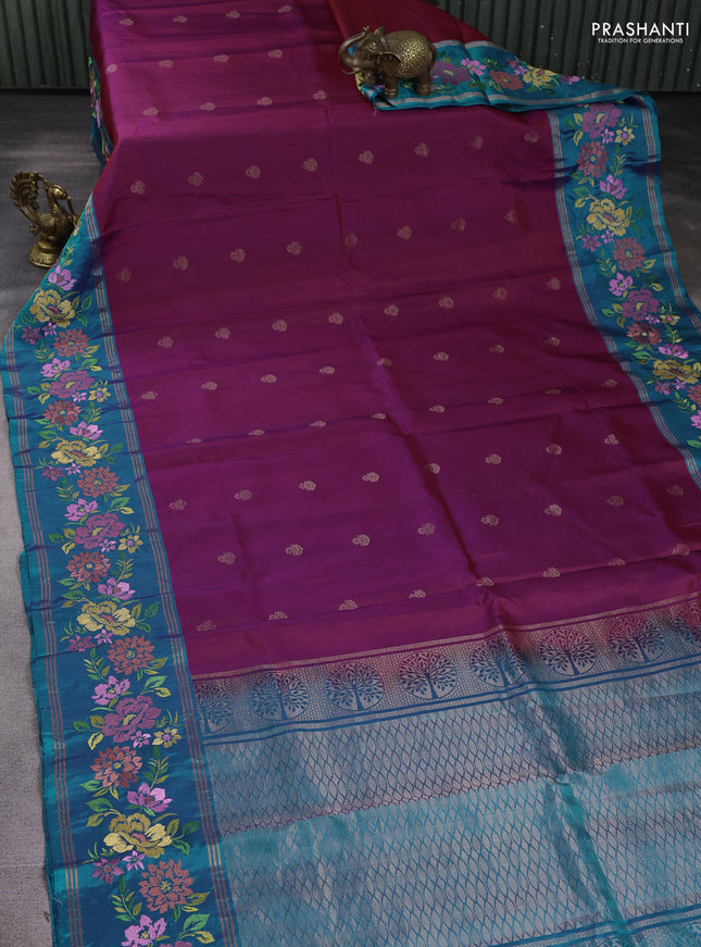 Pure soft silk saree dual shade of maroon and dual shade of blue with zari woven buttas and zari woven embroidery border