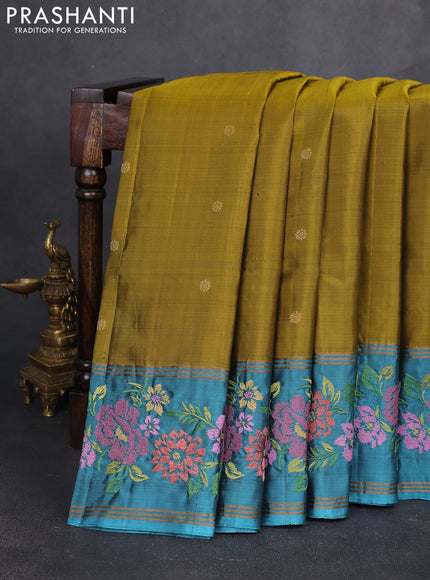 Pure soft silk saree mustard green and teal blue with zari woven buttas and zari woven embroidery border