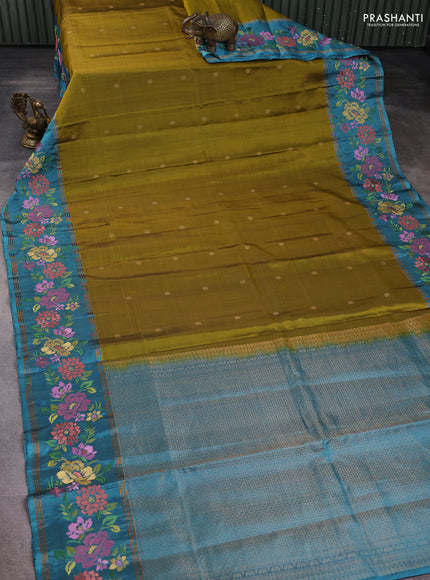 Pure soft silk saree mustard green and teal blue with zari woven buttas and zari woven embroidery border