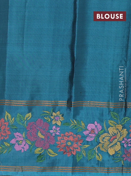 Pure soft silk saree mustard green and teal blue with zari woven buttas and zari woven embroidery border