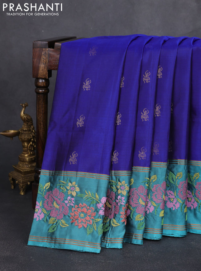 Pure soft silk saree royal blue and teal blue with zari woven buttas and zari woven embroidery border