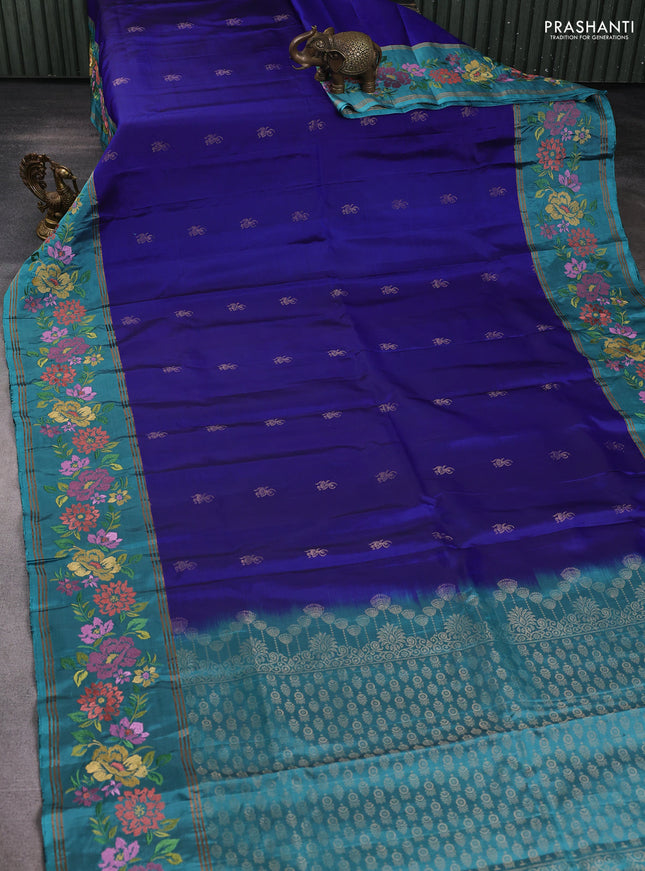 Pure soft silk saree royal blue and teal blue with zari woven buttas and zari woven embroidery border