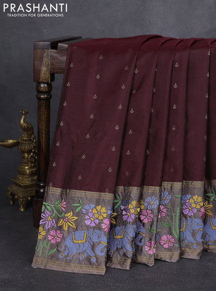 Pure soft silk saree maroon and pastel brown with zari woven buttas and zari woven embroidery border