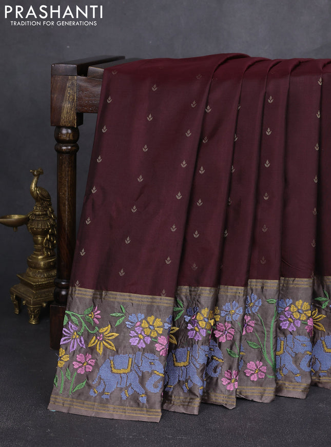 Pure soft silk saree maroon and pastel brown with zari woven buttas and zari woven embroidery border