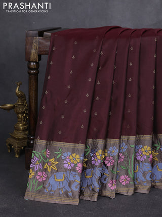 Pure soft silk saree maroon and pastel brown with zari woven buttas and zari woven embroidery border