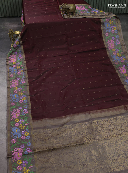 Pure soft silk saree maroon and pastel brown with zari woven buttas and zari woven embroidery border