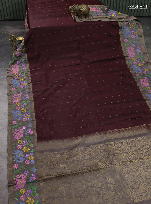 Pure soft silk saree maroon and pastel brown with zari woven buttas and zari woven embroidery border