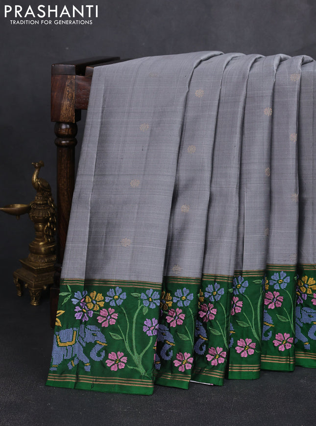Pure soft silk saree grey and green with zari woven buttas and zari woven embroidery border
