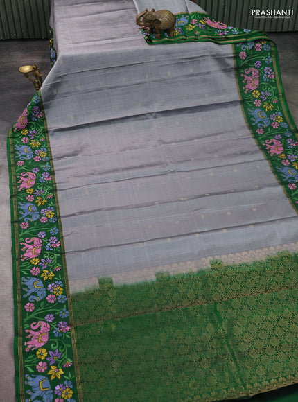Pure soft silk saree grey and green with zari woven buttas and zari woven embroidery border