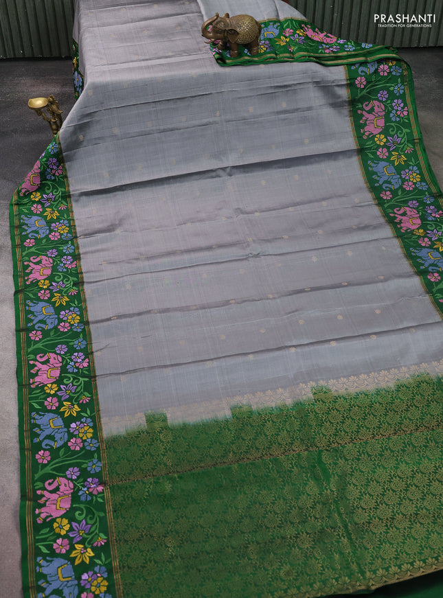 Pure soft silk saree grey and green with zari woven buttas and zari woven embroidery border