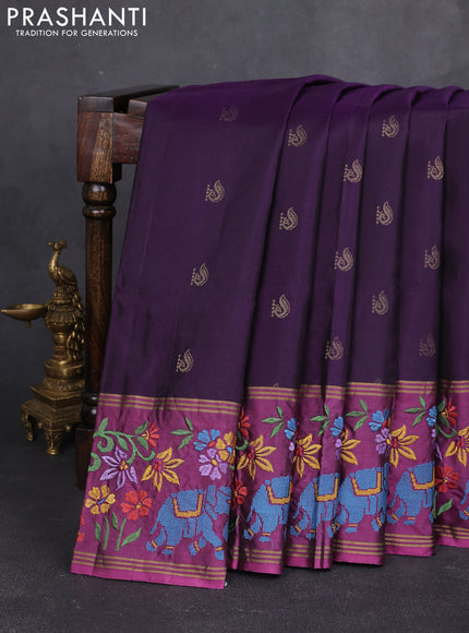 Pure soft silk saree deep purple and purple with zari woven buttas and zari woven embroidery border