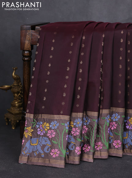 Pure soft silk saree deep maroon and pastel brown with allover zari woven buttas and zari woven embroidery border