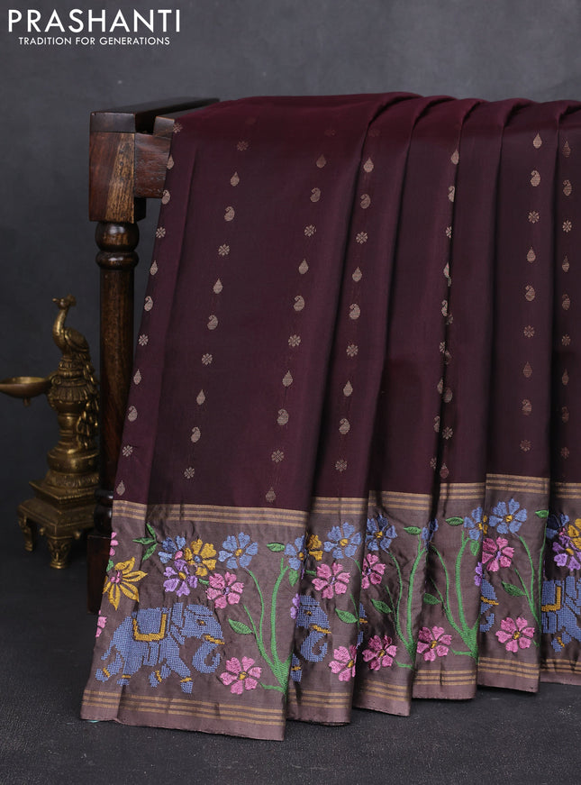 Pure soft silk saree deep maroon and pastel brown with allover zari woven buttas and zari woven embroidery border