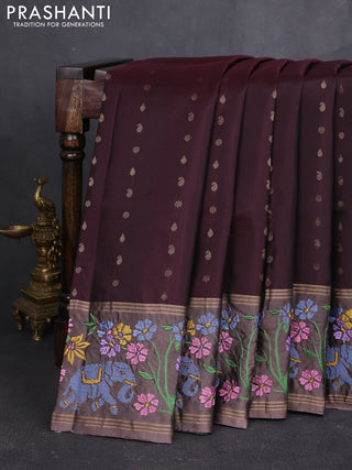 Pure soft silk saree deep maroon and pastel brown with allover zari woven buttas and zari woven embroidery border