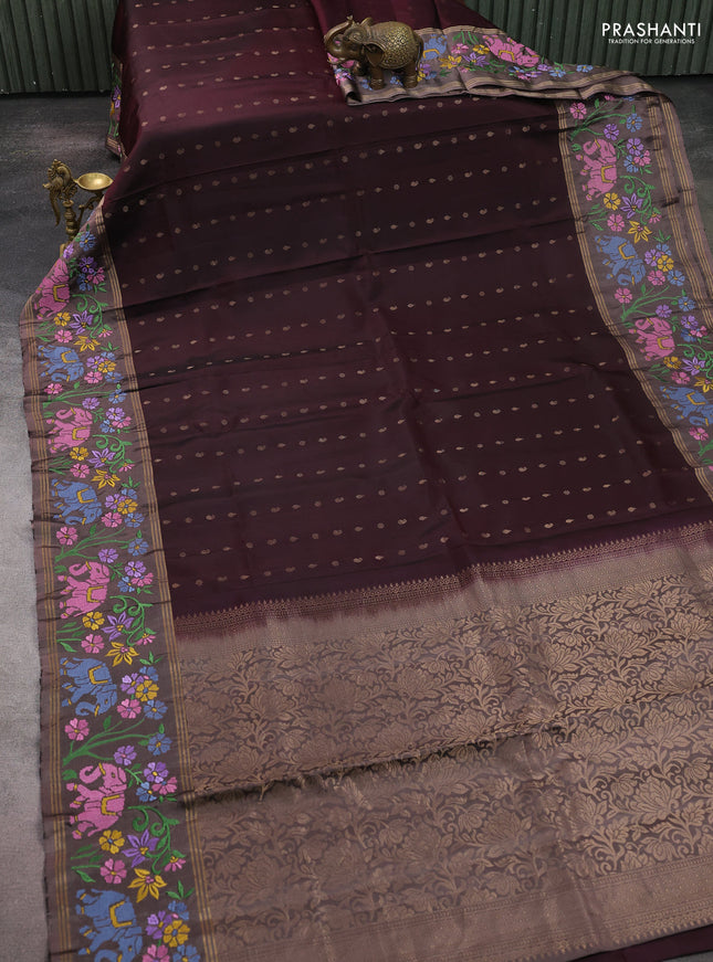 Pure soft silk saree deep maroon and pastel brown with allover zari woven buttas and zari woven embroidery border