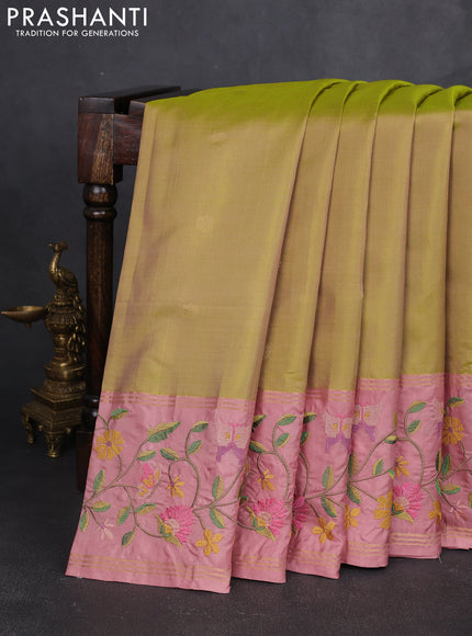 Pure soft silk saree dual shade of light green and peach shade with zari woven buttas and zari woven embroidery border