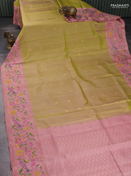 Pure soft silk saree dual shade of light green and peach shade with zari woven buttas and zari woven embroidery border