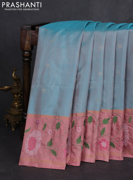 Pure soft silk saree dual shade of teal blue and pastel peach with zari woven buttas and zari woven embroidery border