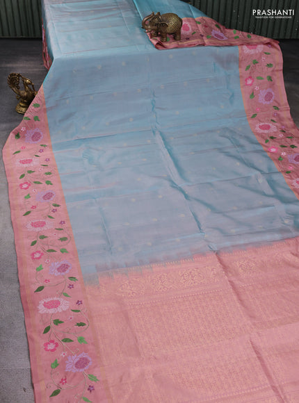 Pure soft silk saree dual shade of teal blue and pastel peach with zari woven buttas and zari woven embroidery border