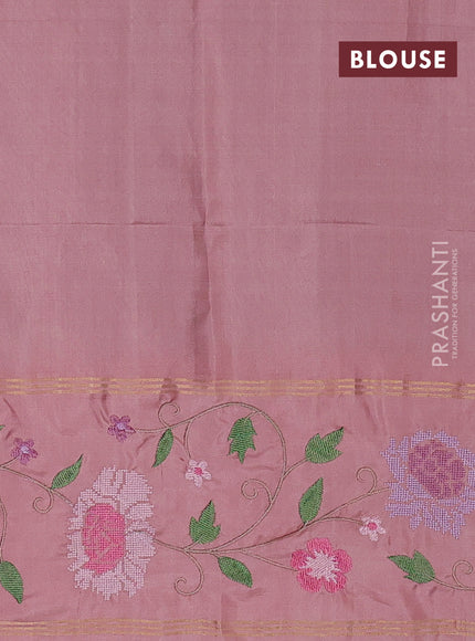 Pure soft silk saree dual shade of teal blue and pastel peach with zari woven buttas and zari woven embroidery border